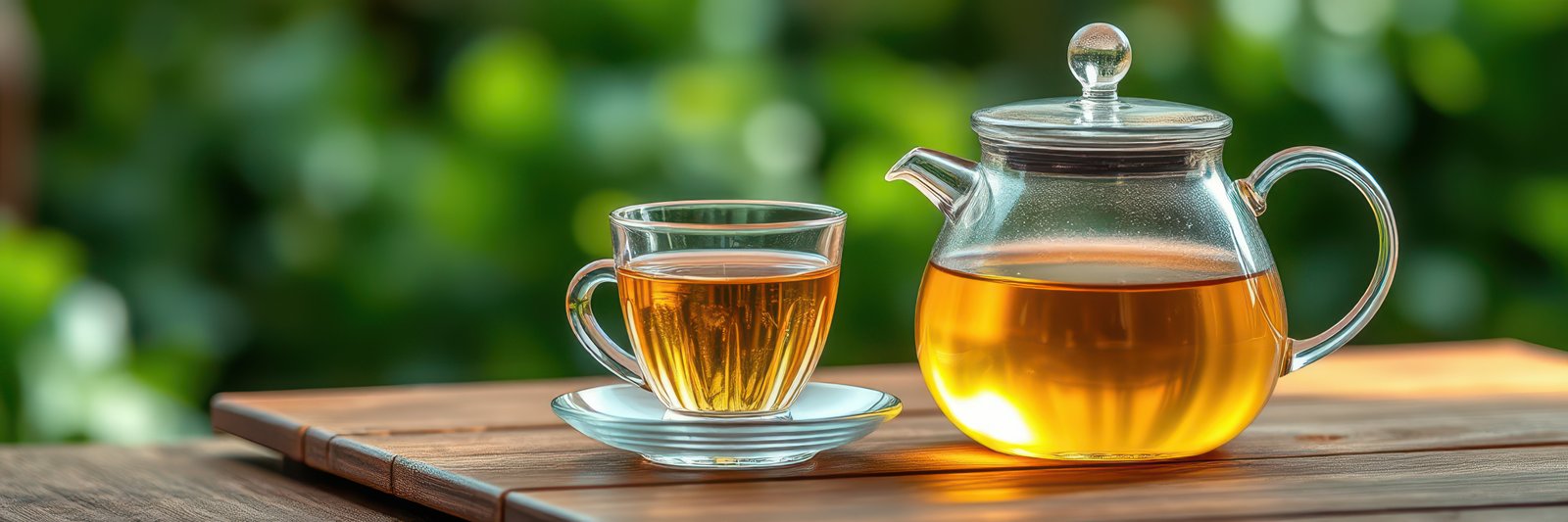 Freshly brewed herbal tea served in a glass cup on a wooden table surrounded by greenery